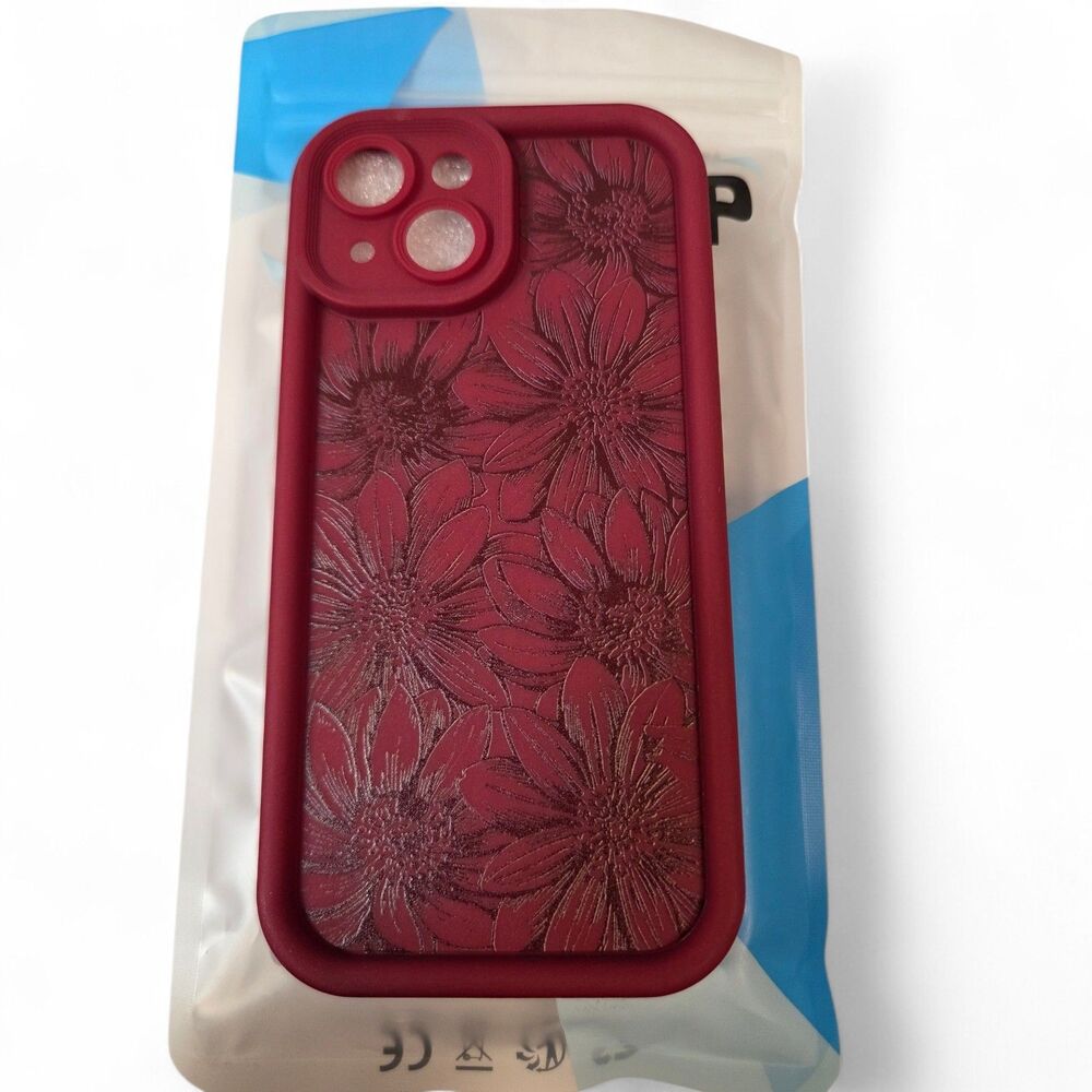 NITITOP iPhone 15 Case Wine Red Floral Embossed Slim Protective Cover New